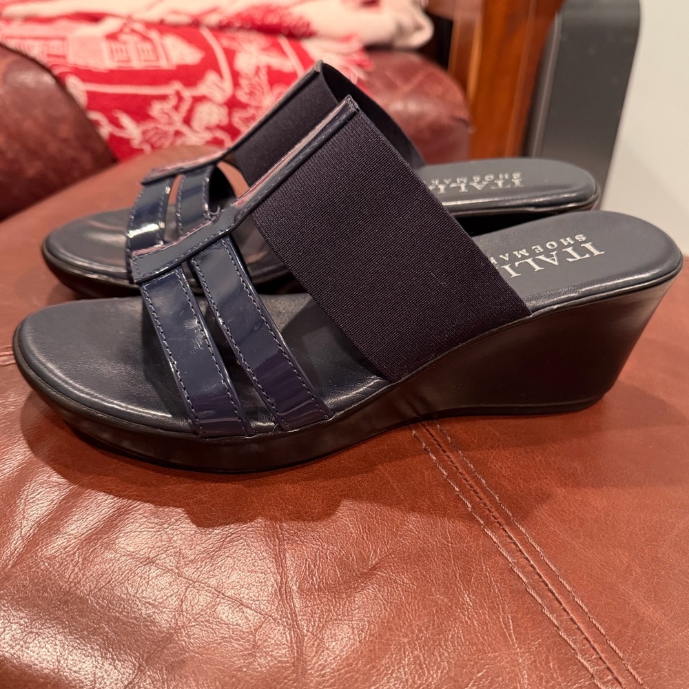 Italian Shoemakers Navy Patent Slide Sandals - Picture 2 of 4
